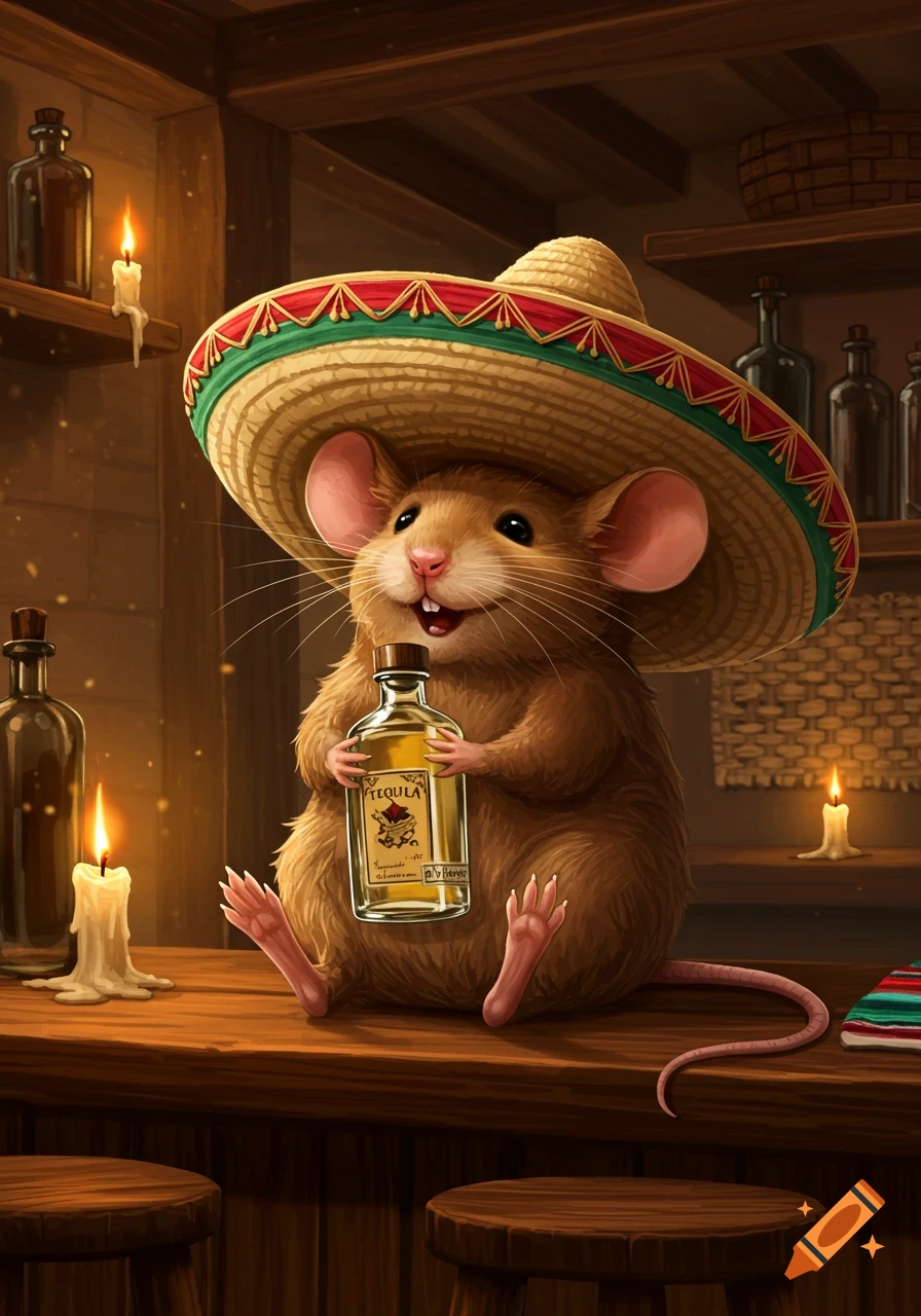 A happy cartoon mouse wearing a large straw sombrero sits on a wooden bar, holding a bottle of tequila. Candles glow in the background.