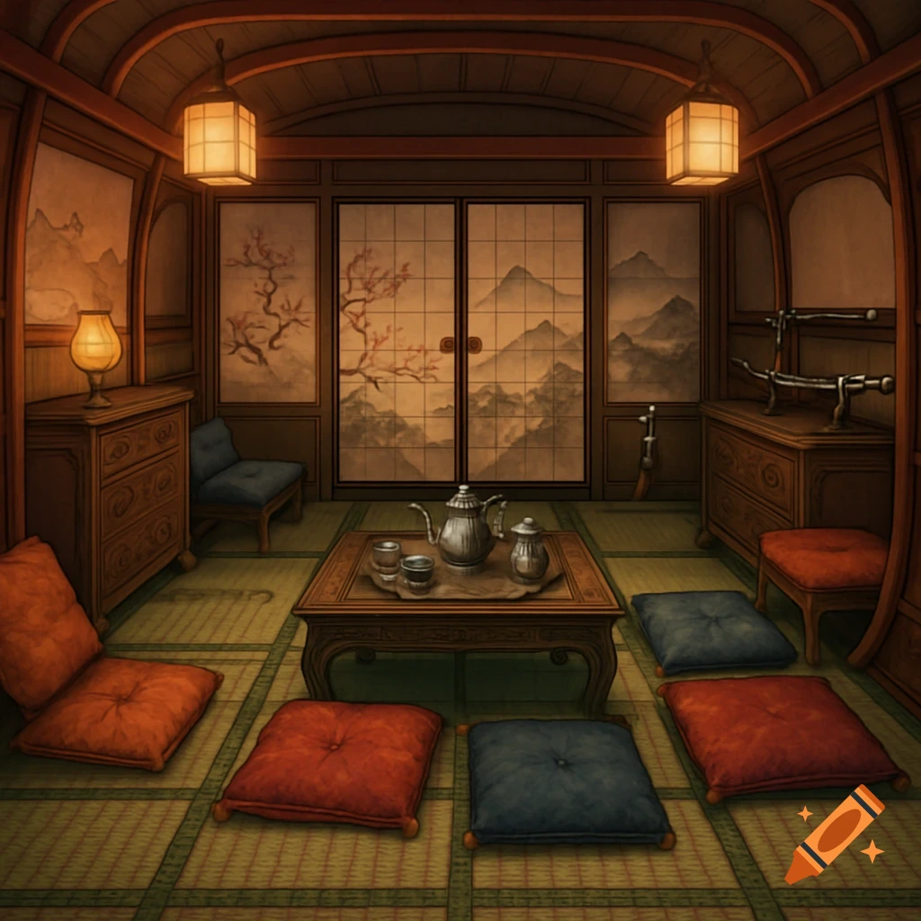 A Japanese-themed royal wagon interior battle map with traditional furniture, tatami mats, paper screens, and hanging lanterns.