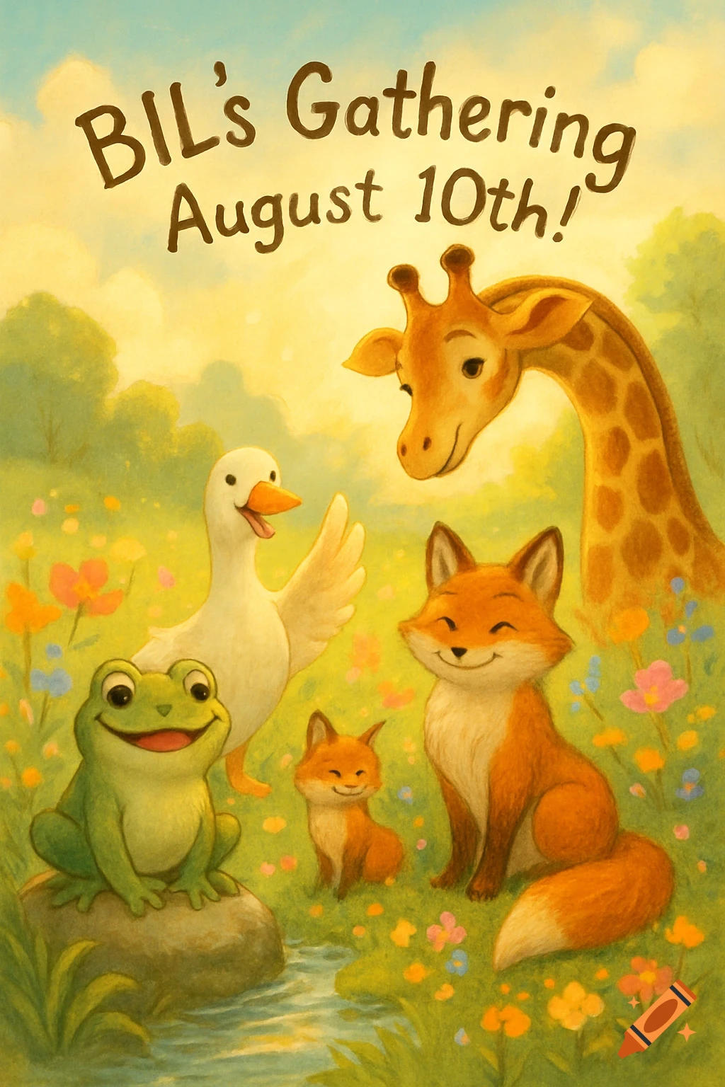 A cute illustration of a frog, goose, fox, and giraffe in a field of flowers, with "BIL's Gathering August 10th!" text above.