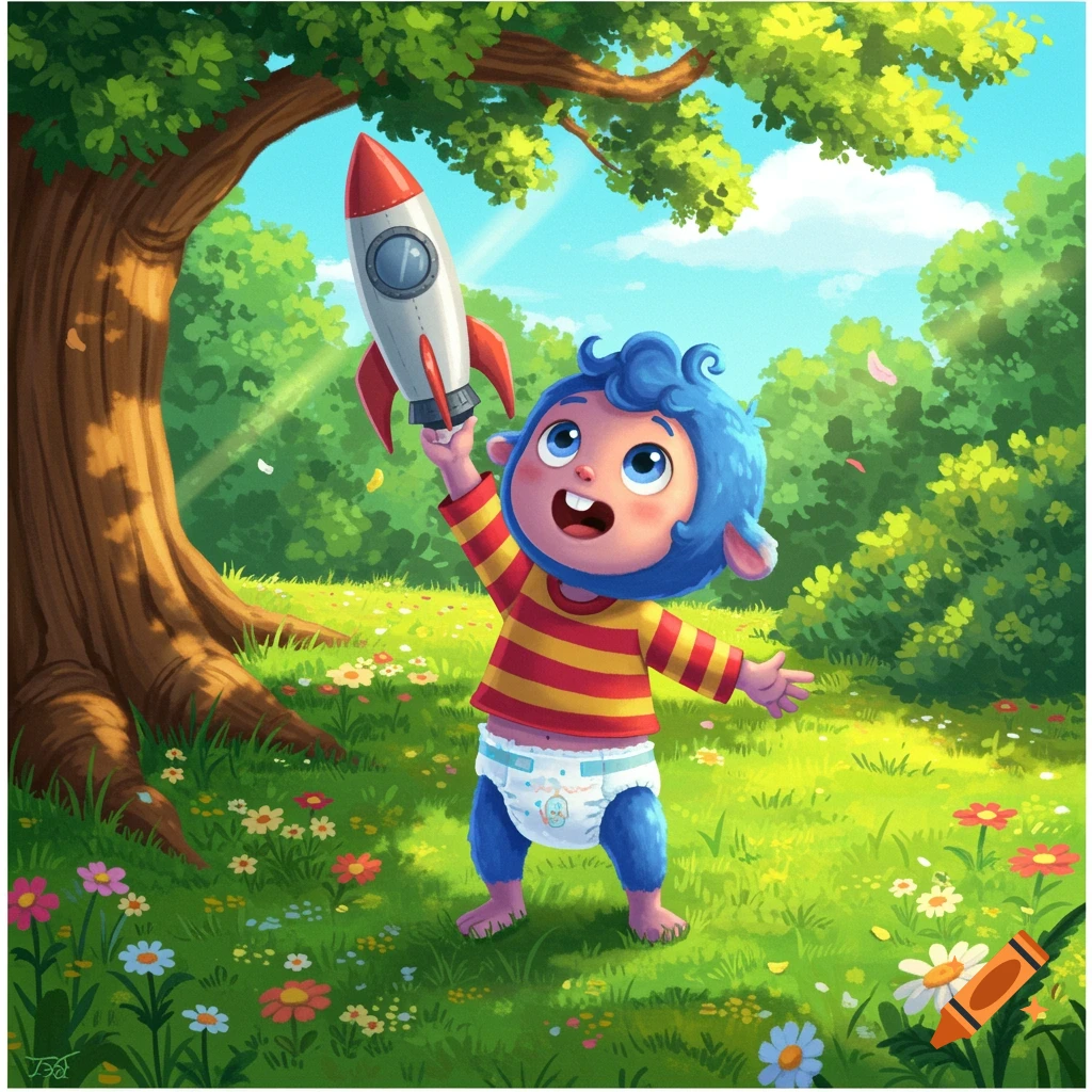 A cheerful blue-furred child in a striped shirt and diaper holds a toy rocket in a bright, sunny green field.