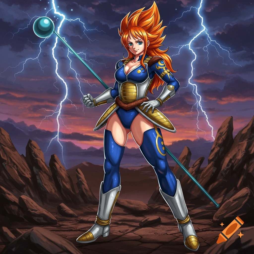 An anime woman with spiky orange hair in blue and white Saiyan armor holds a staff on a rocky plain with lightning in the sky.