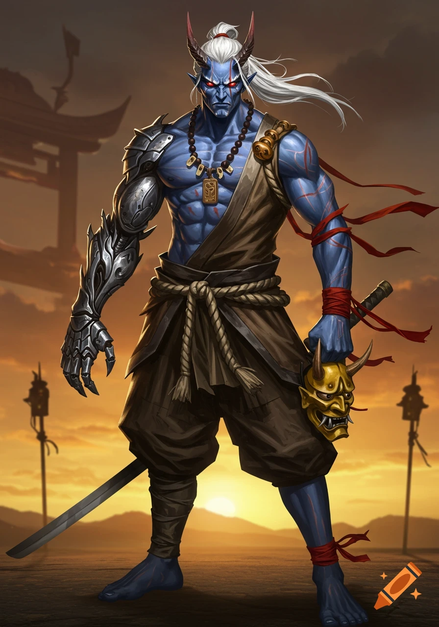 A blue-skinned Japanese Oni with white hair, red eyes, and a metal prosthetic arm, holding a yellow Oni mask.