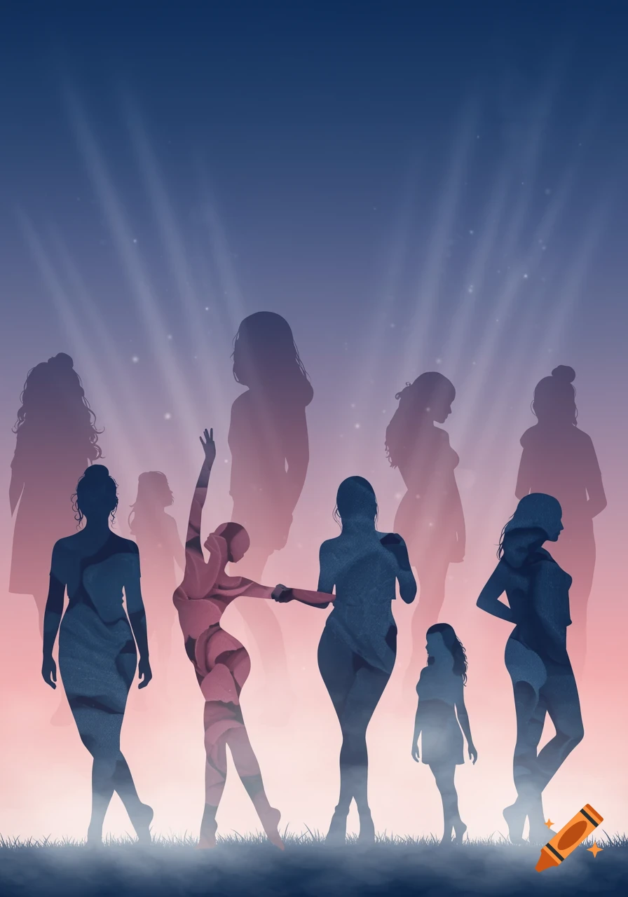 Stylized illustration of multiple female silhouettes in various poses against a gradient blue and pink sky with light rays and mist.
