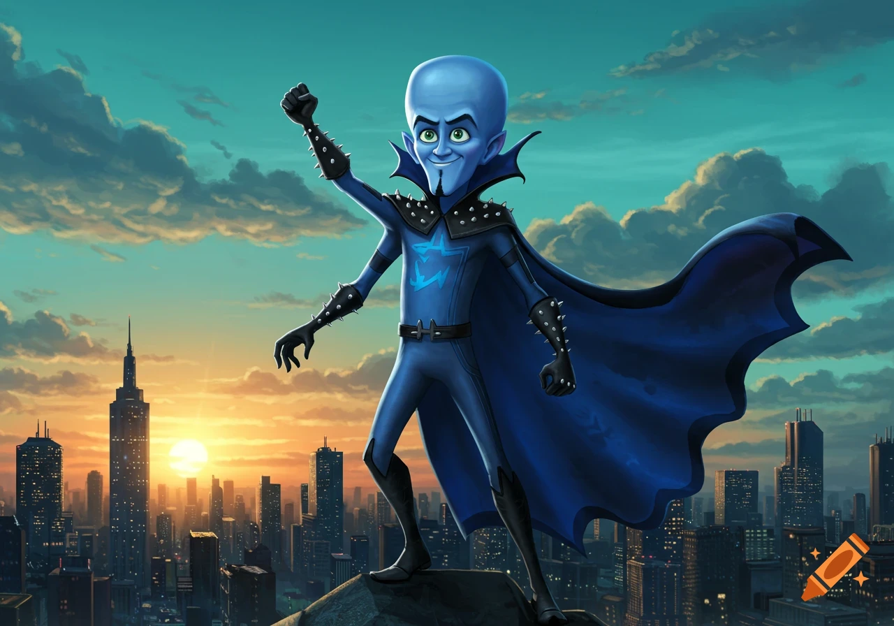 Megamind standing heroically on a building overlooking a city at sunset, wearing his signature blue suit and cape.