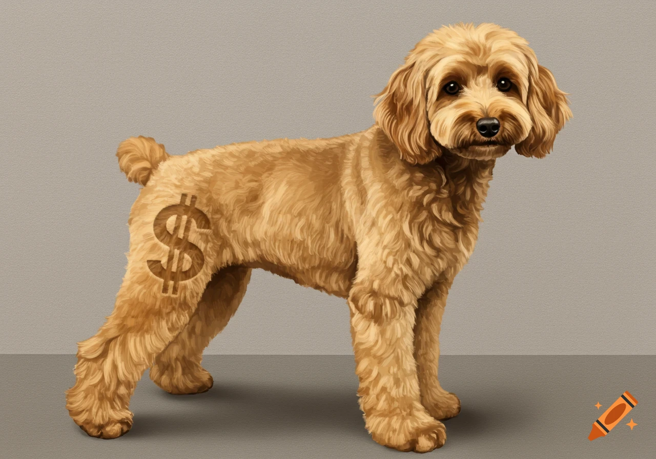 A golden-brown doodle dog with a dollar sign shaved into the fur on its left hind leg.