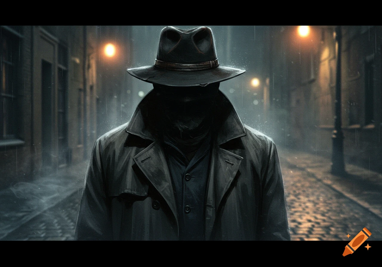 A mysterious man in a fedora and trench coat stands in a dark, rainy alley, his face obscured by shadow.