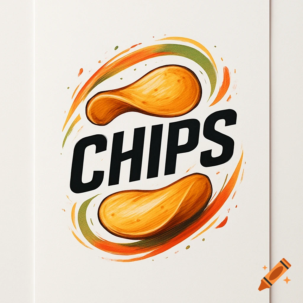 A stylized logo for a chip brand features two golden potato chips, one above and one below the bold black word "CHIPS," all encircled by dynamic orange and green swirls on a white background.