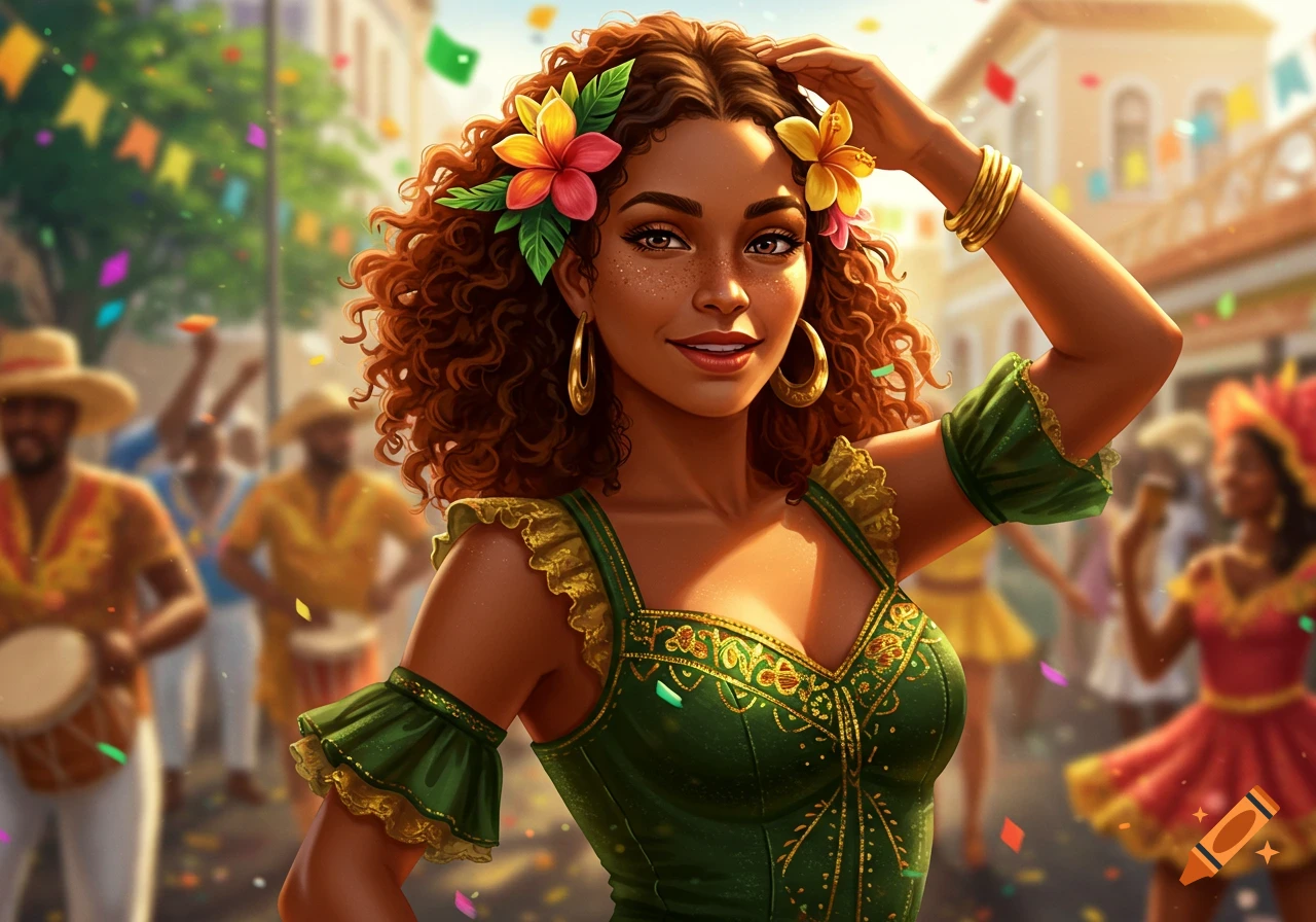 A vibrant digital art portrait of a Brazilian woman with curly hair and flowers, in a green dress, smiling at a colorful street carnival.