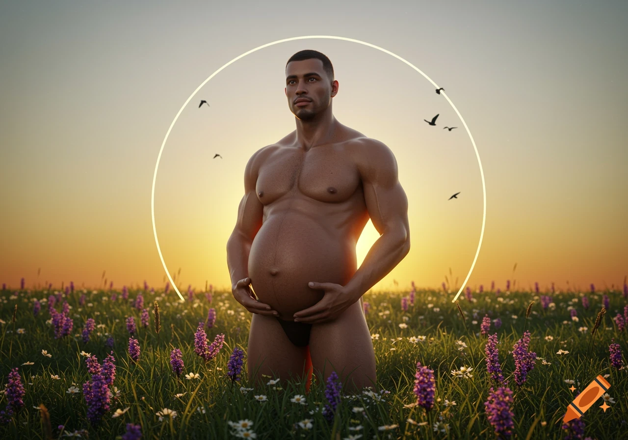 A muscular, pregnant man stands in a field of purple and white flowers at sunset, with a golden halo behind his head. Photorealistic.