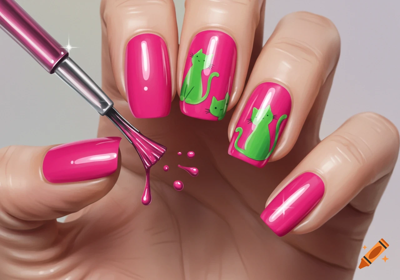 Close-up illustration of a hand with bright pink nails, two featuring green cat designs, as a brush drips pink polish.
