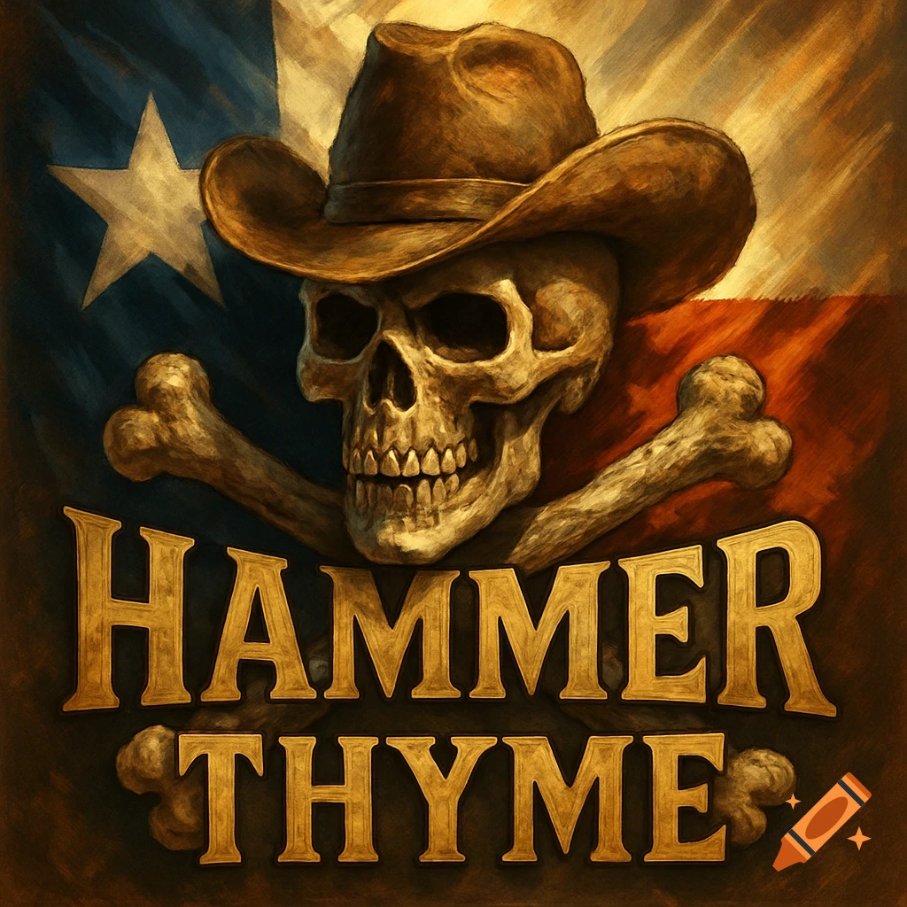 A stylized skull wearing a cowboy hat with two bones crossed behind it, set against a faded Texas flag background. Below, the words 'HAMMER THYME' are rendered in gold letters.