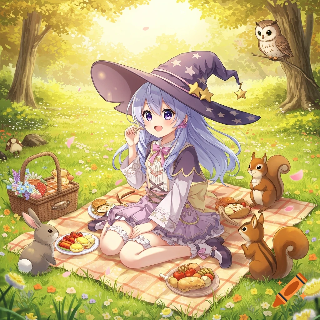 An anime witch with lavender hair and a pointed hat enjoys a picnic with squirrels, a rabbit, and an owl in a sunny forest.
