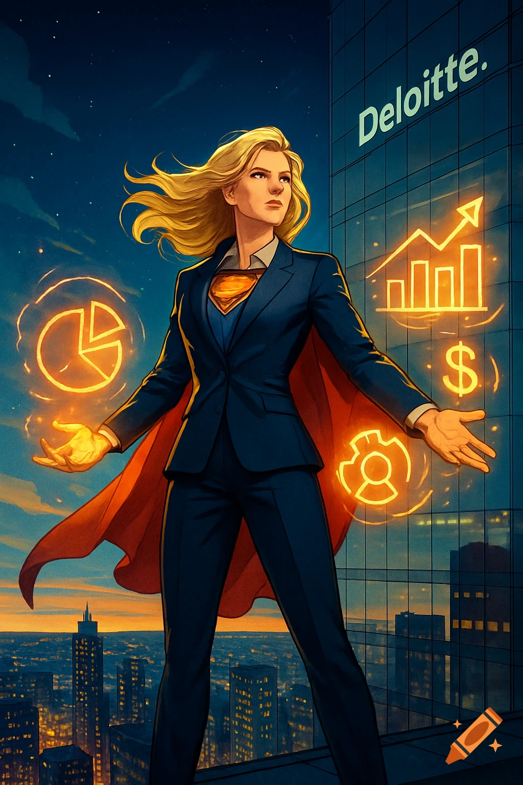 A blonde superhero in a business suit and red cape stands on a city rooftop at dusk, with glowing financial icons and a 'Deloitte' building.