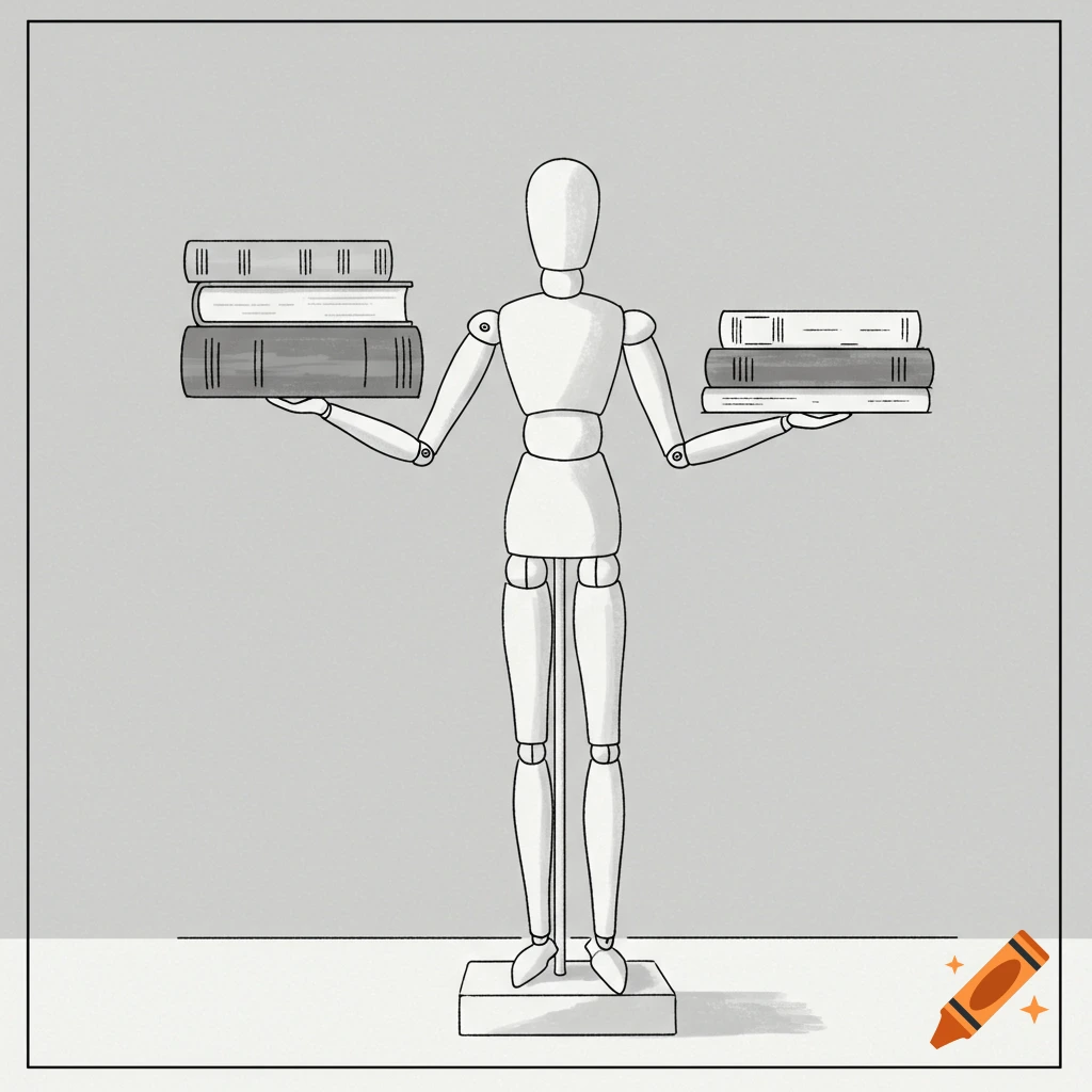 Outline drawing of a white mannequin holding two stacks of books, standing on a grey background.