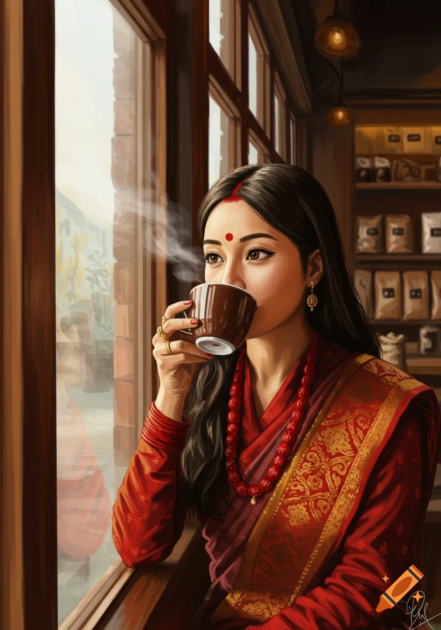 A Nepali woman in a red sari drinks from a cup while looking out a window in a coffee shop.
