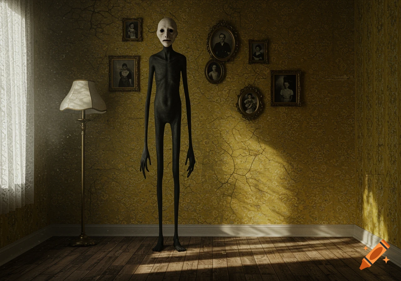 A lanky, dark humanoid figure with a white, featureless face stands in a room with cracked yellow wallpaper and framed portraits.