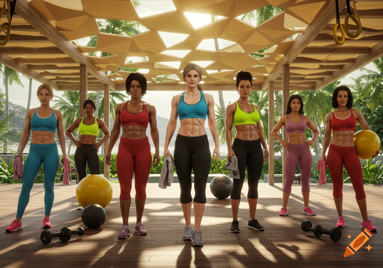 Six muscular women in athletic wear posing in an outdoor fitness area with wooden floors and palm trees.