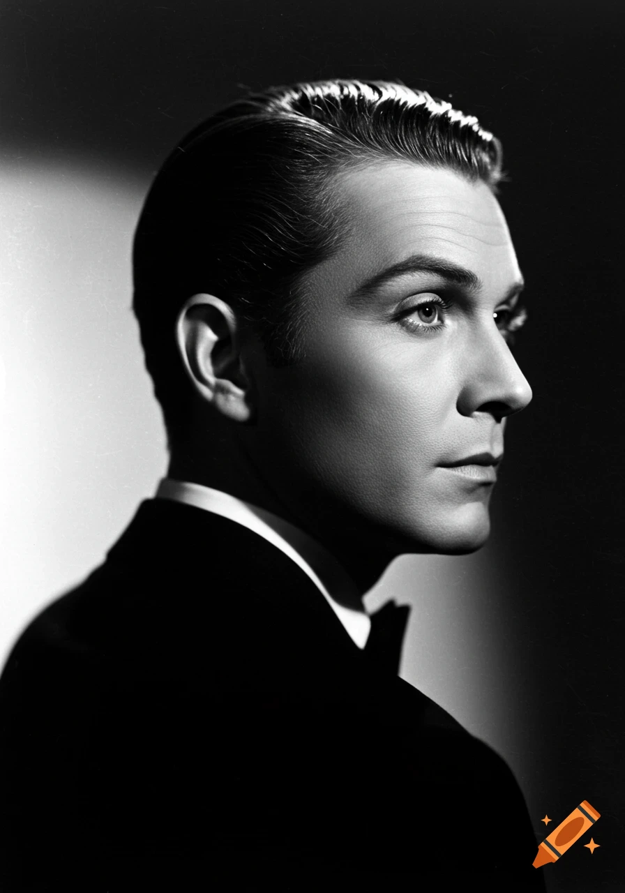 Black and white profile portrait of a man in a suit with dramatic lighting, evoking classic Hollywood style.