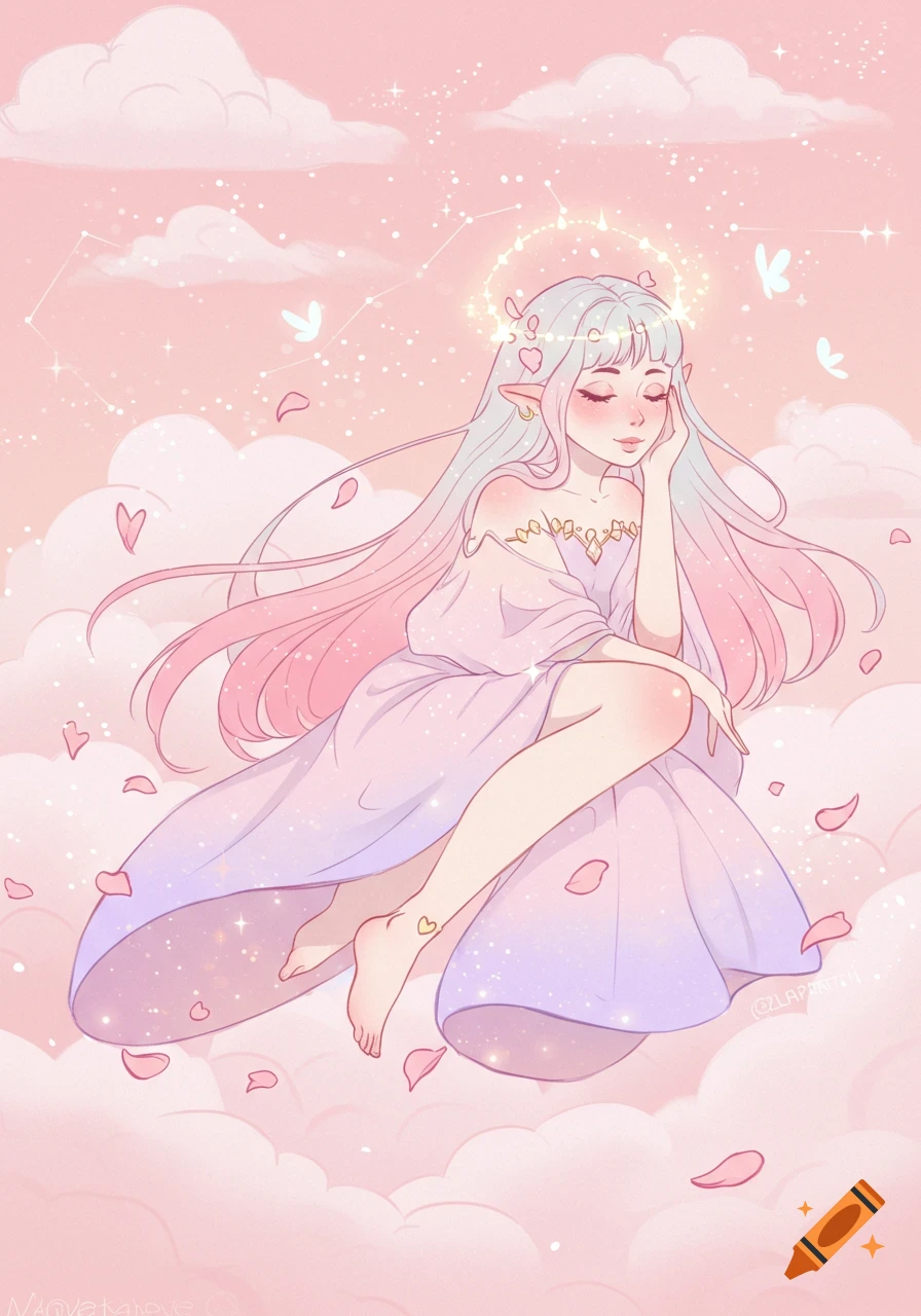 A dreamy pastel illustration of an ethereal elf-like figure with long hair and a halo, sitting on clouds amidst stars and heart petals.