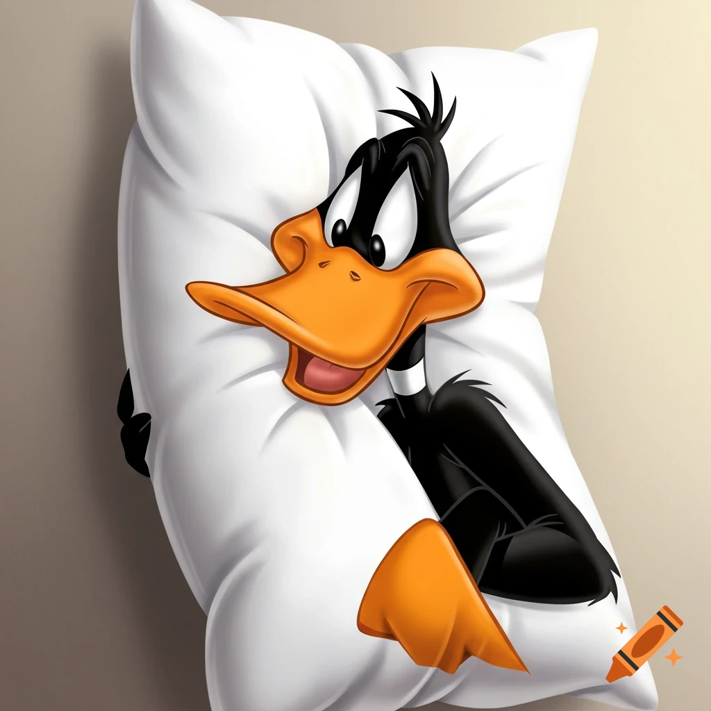 Daffy Duck from Looney Tunes hugging a white body pillow.