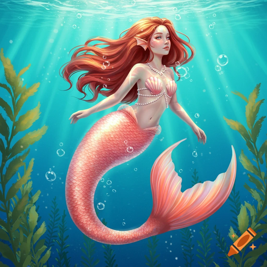 An illustration of a red-haired mermaid with a pink tail and seashell top, swimming in clear blue water with kelp.