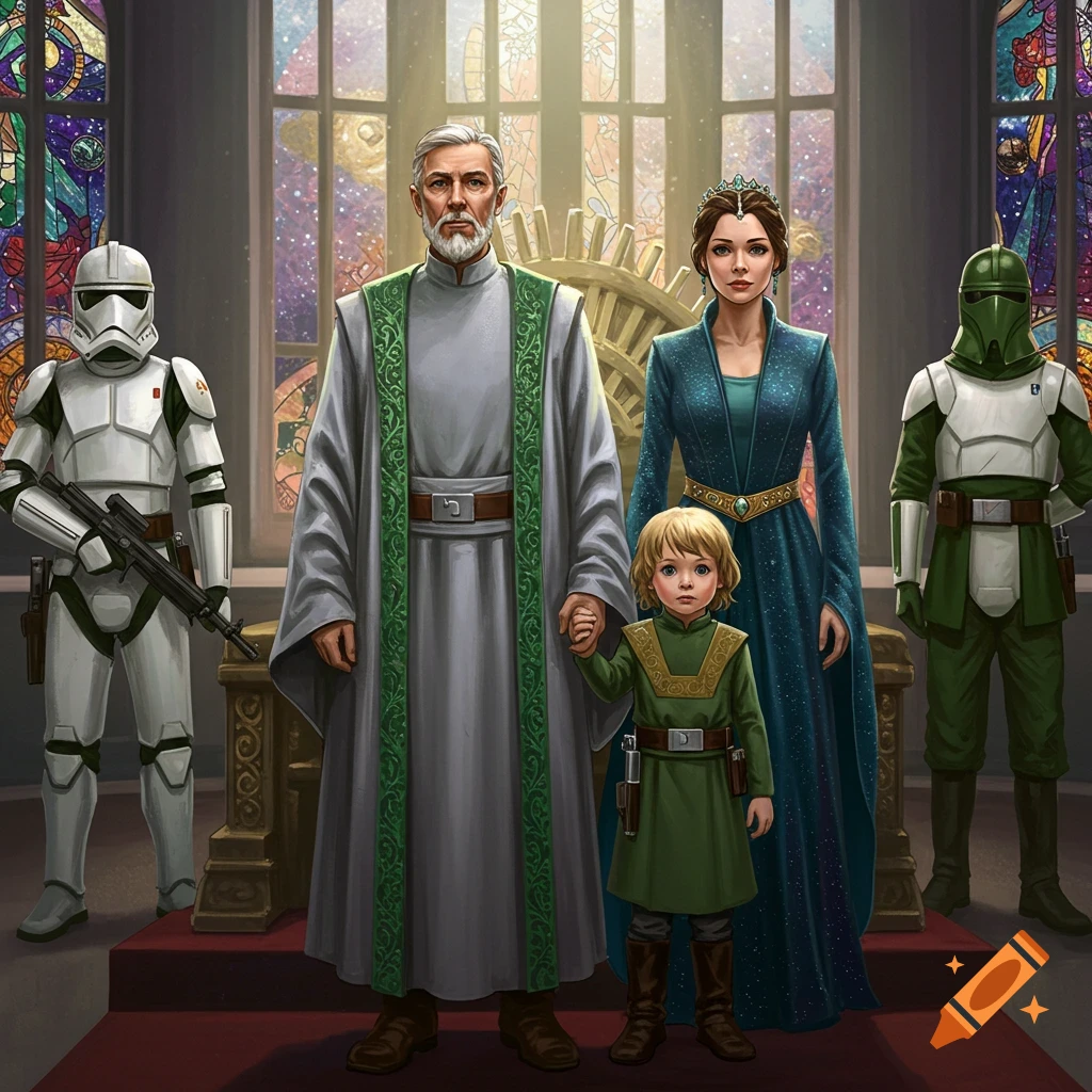 A man, woman, and young boy in regal attire stand with two armored guards in a grand hall with stained-glass windows, in a Star Wars inspired digital art style.