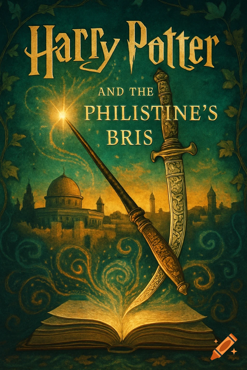 An illustrative book cover for 'Harry Potter and the Philistine's Bris' with a glowing wand, a dagger, and an open book over a cityscape.