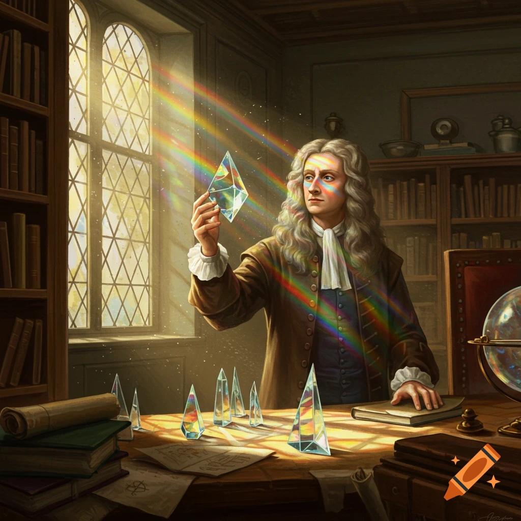 Isaac Newton in his study, holding a prism that refracts sunlight into a rainbow, with other prisms on his desk.