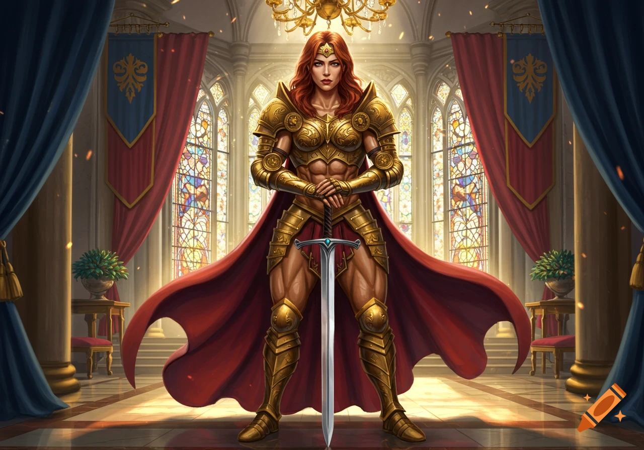A buff woman in golden armor and a red cape holds a sword, standing in a grand hall with stained glass windows.