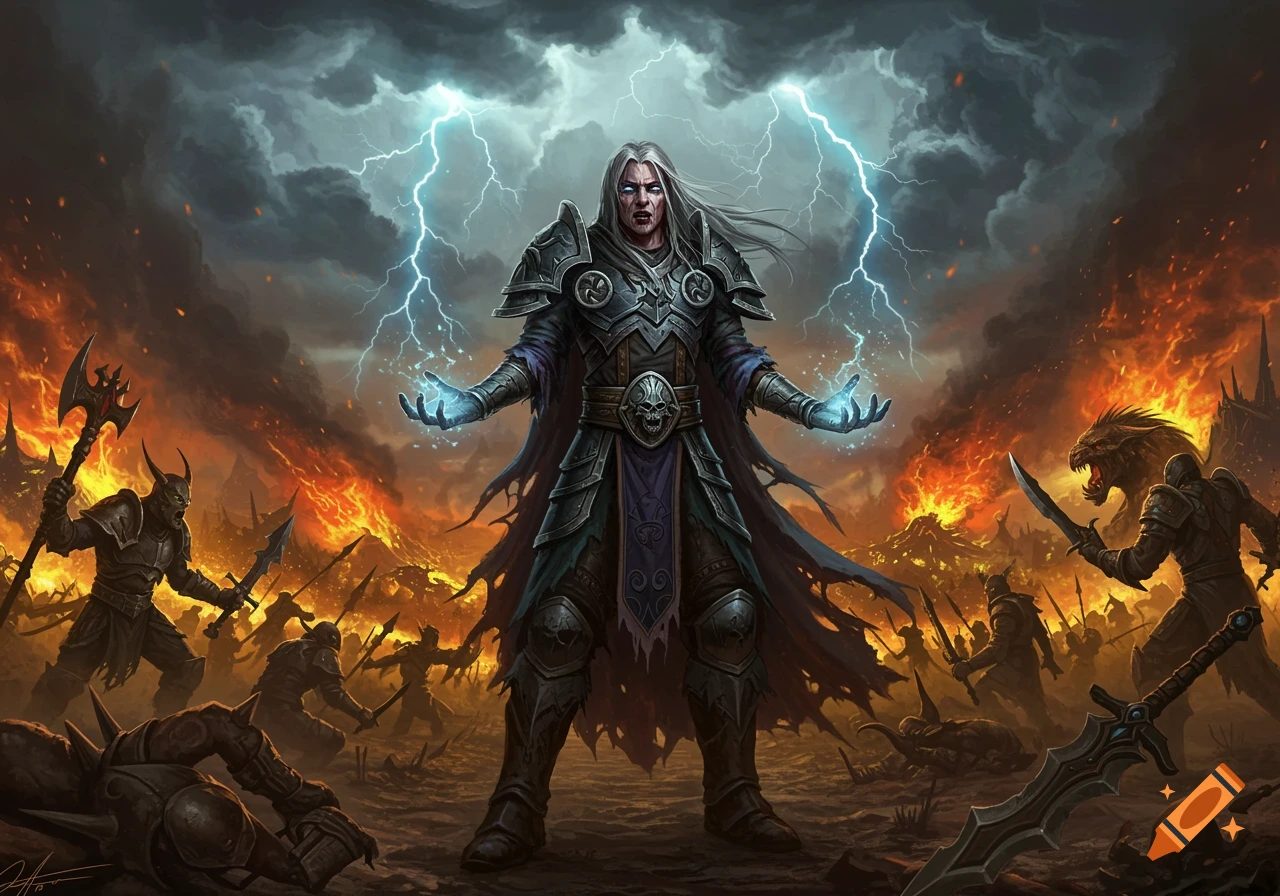 A powerful fantasy sorcerer with white hair and armor casts spells with glowing hands as lightning strikes during a fiery battlefield, surrounded by warriors and monsters.
