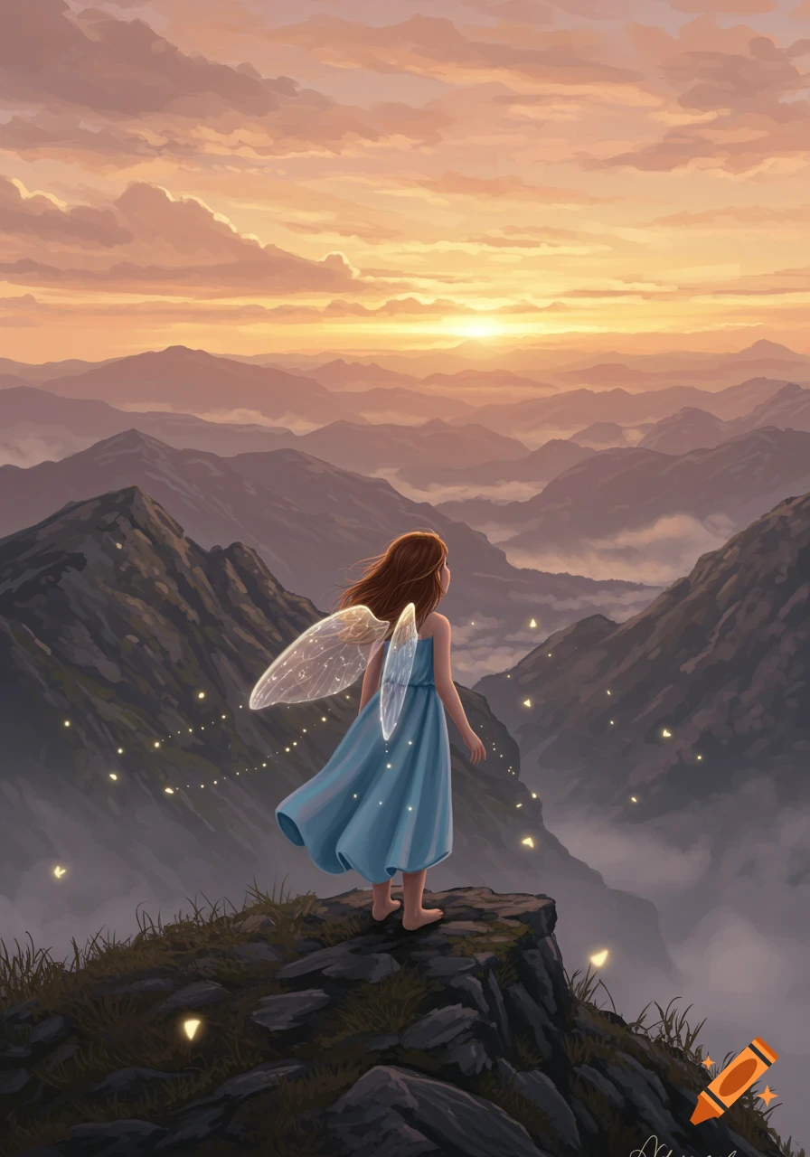 An illustration of a winged girl in a blue dress standing on a mountain peak, looking at a golden sunset over a vast mountain range.