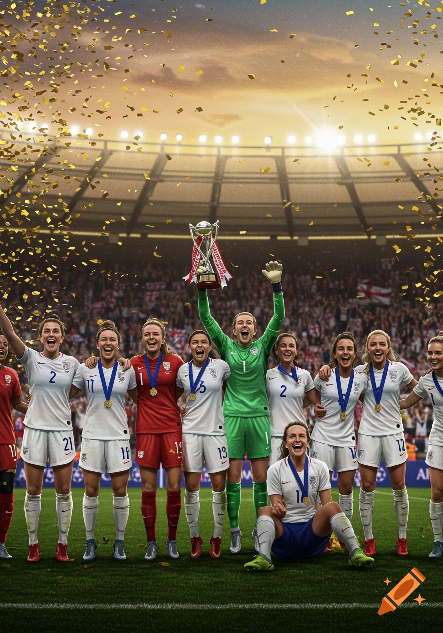 England women's football team celebrates their championship victory on the field, surrounded by falling golden confetti, with a trophy held high.