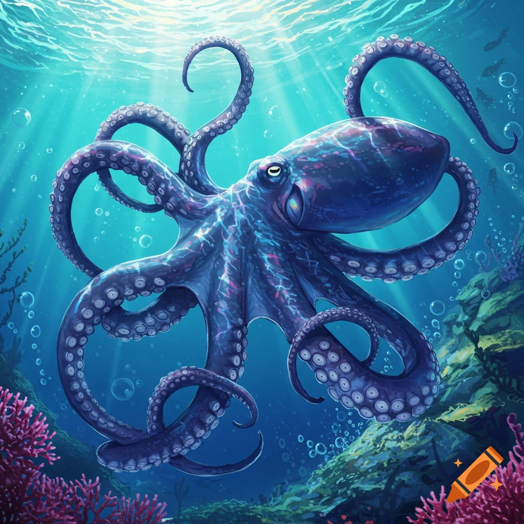A vibrant, stylized blue and purple octopus swims in clear, sunlit ocean water surrounded by coral reefs.