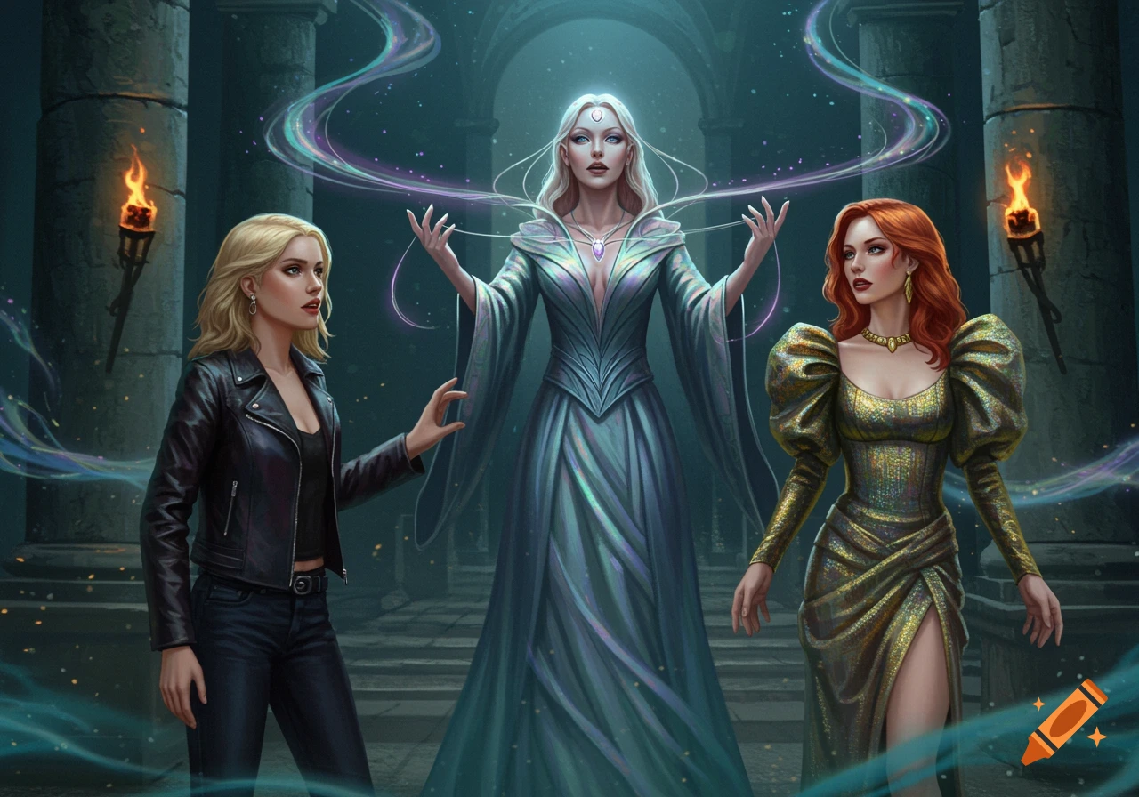 Three women in a mystical, dark fantasy setting. A sorceress with white hair and magic threads, a blonde in a leather jacket, and a redhead in a gold dress.