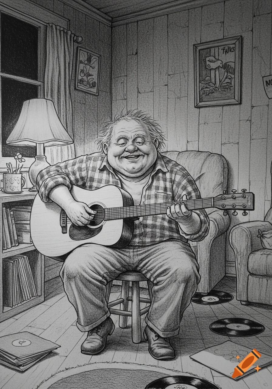 Pencil drawing of a smiling elderly man playing an acoustic guitar in a cozy room with records and books.