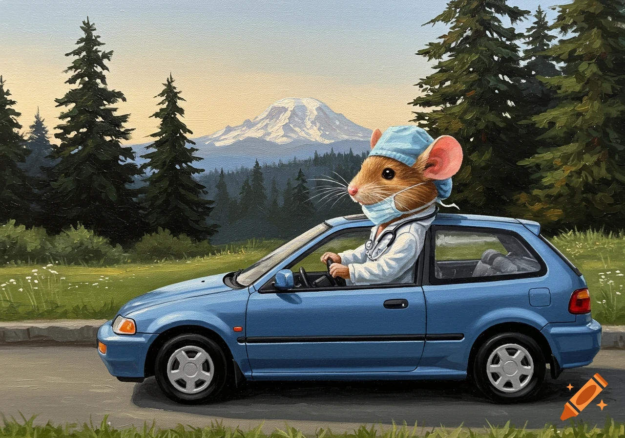 A painted mouse surgeon wearing a mask and scrubs drives a blue Honda Civic past pine trees and a snowy mountain.