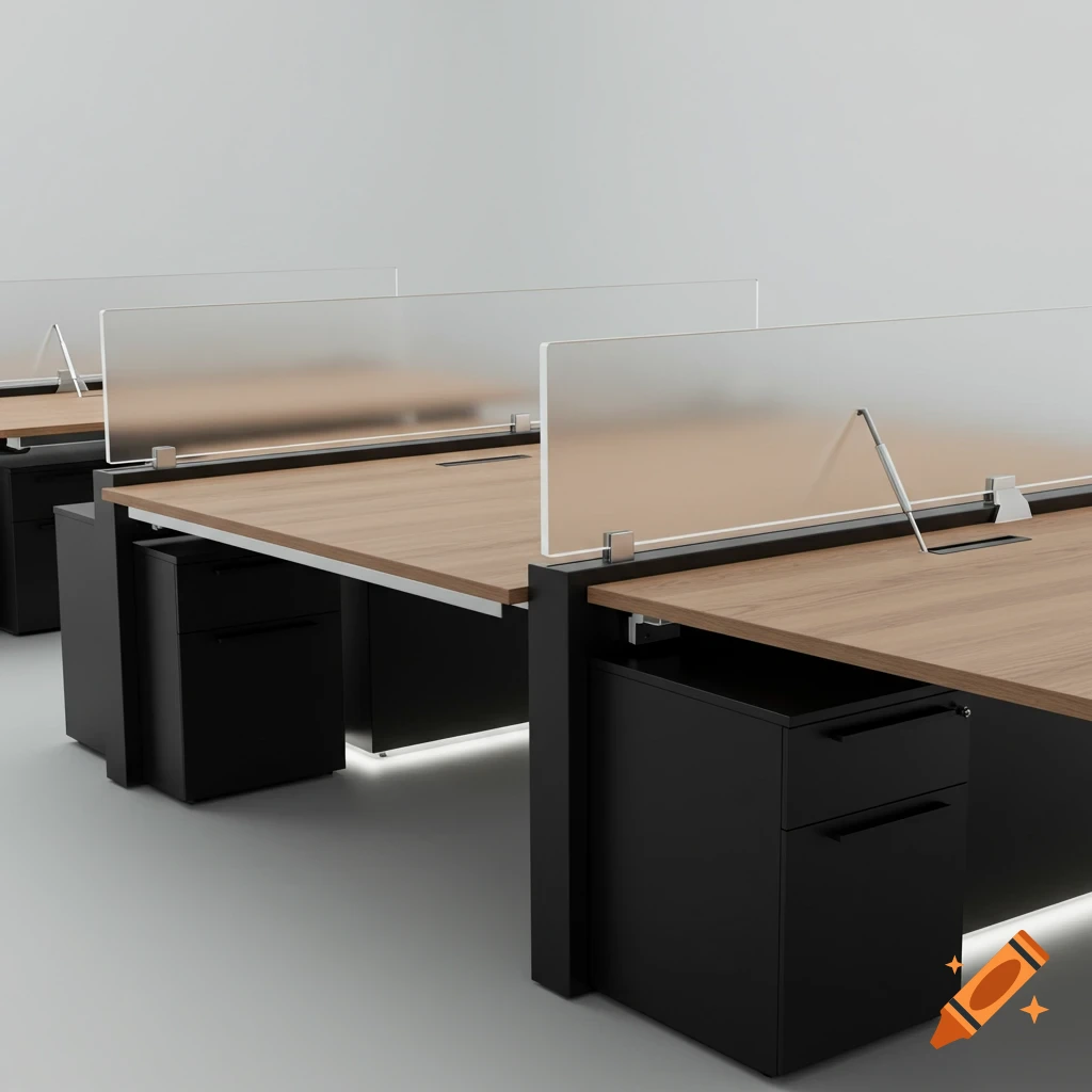Row of modern office desks with light wood tops, black bases, and frosted glass dividers in a photorealistic style.