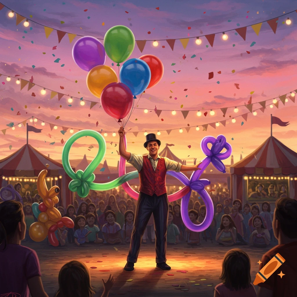 A male balloon artist performs at an outdoor carnival at sunset, holding colorful balloons and balloon animals, with an audience watching.