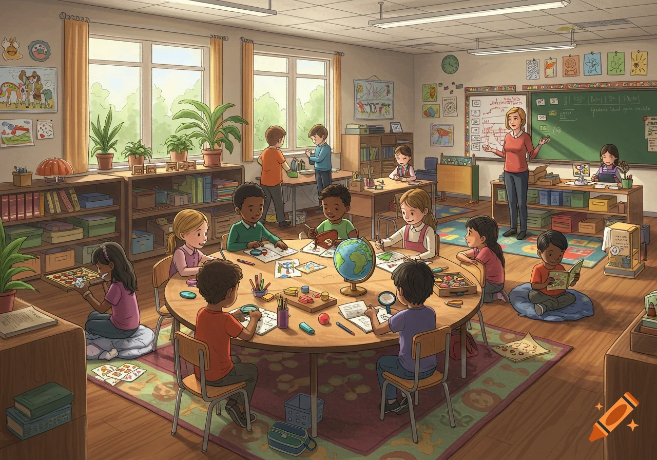 A vibrant elementary classroom filled with diverse children engaged in various activities like drawing, reading, and group work, with a teacher standing near a blackboard.