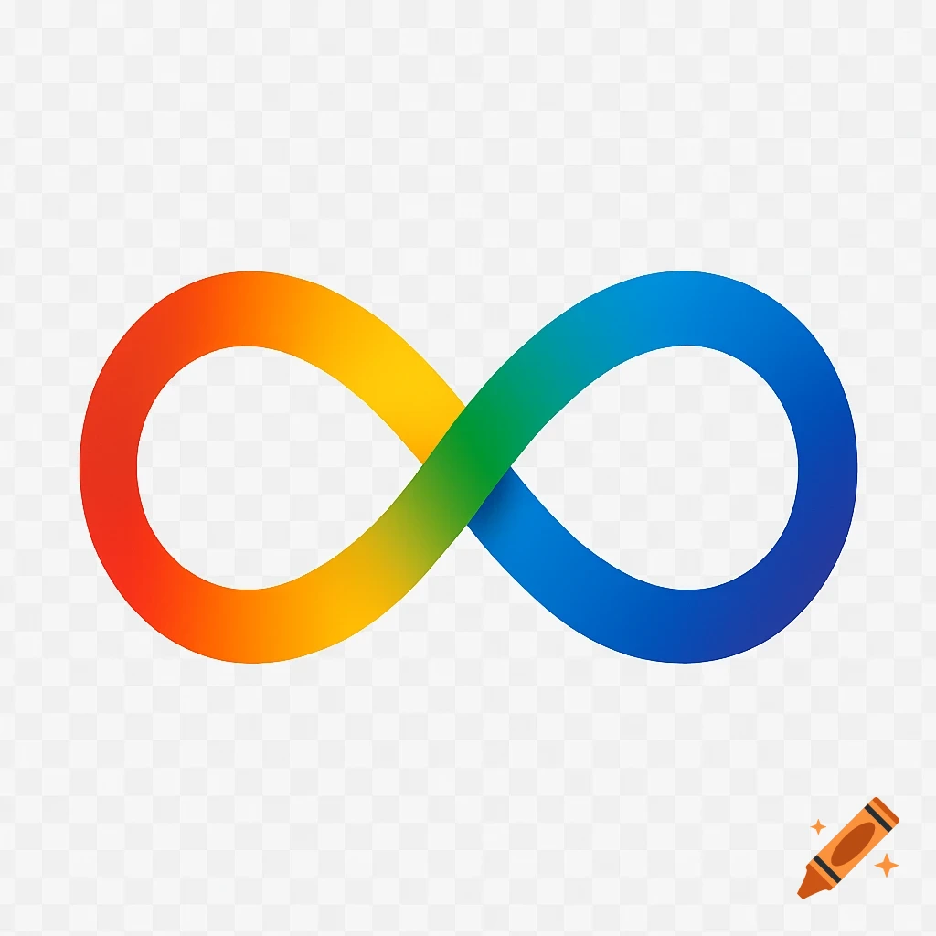 A rainbow-colored infinity symbol, representing neurodiversity, against a transparent background.