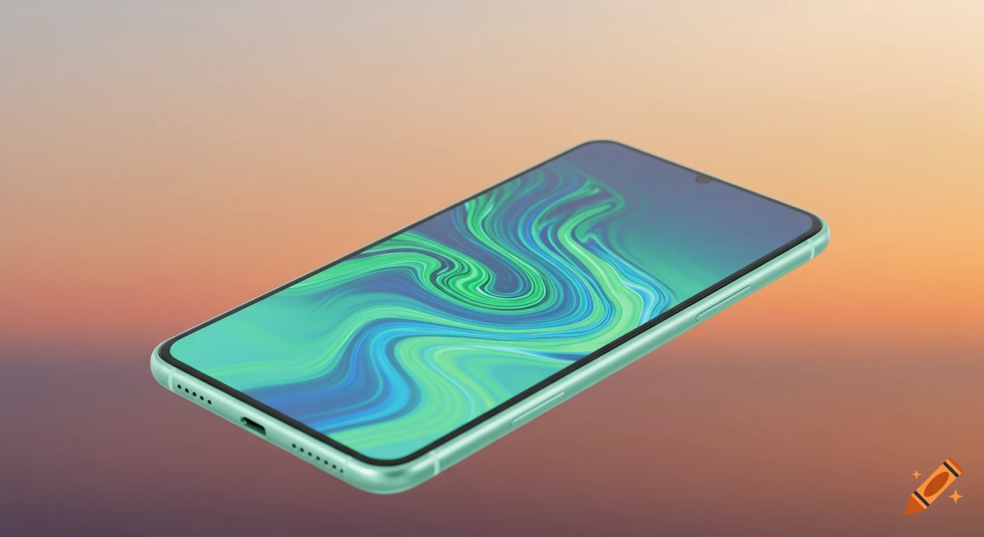 A green smartphone with a swirl design on its screen floats against a blurred orange and purple background.
