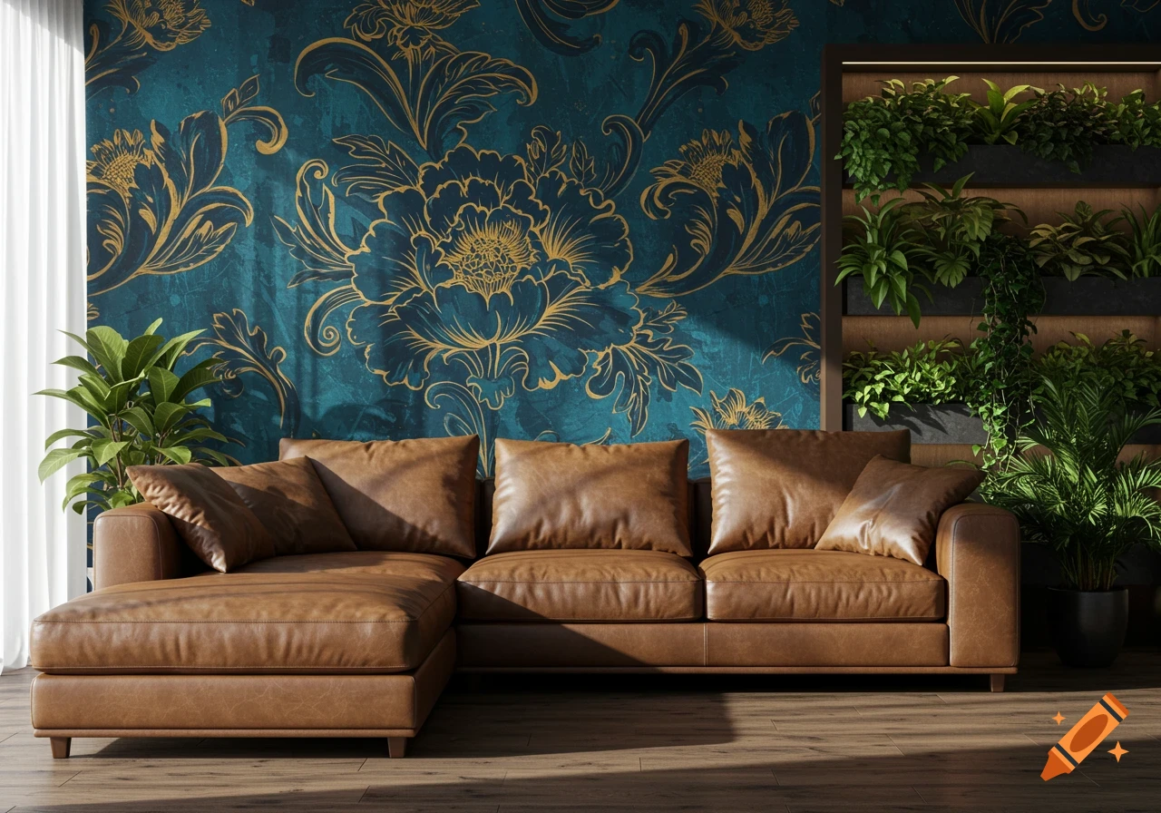 Photorealistic image of a living room with a brown leather L-shaped sofa, a teal and gold floral wallpaper, and various green plants.