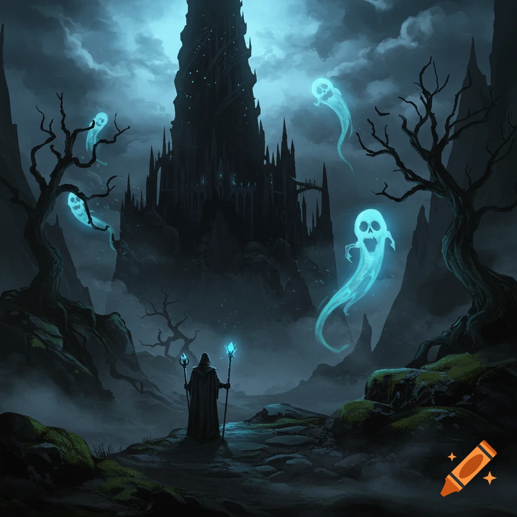 A cloaked figure with glowing staves stands before a dark gothic castle, surrounded by glowing ghost spirits in a misty, moonlit landscape.