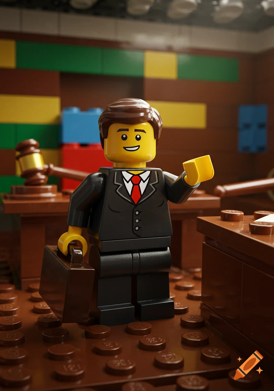 A photorealistic Lego minifigure lawyer in a dark suit holding a briefcase, standing in a Lego courtroom with a gavel.