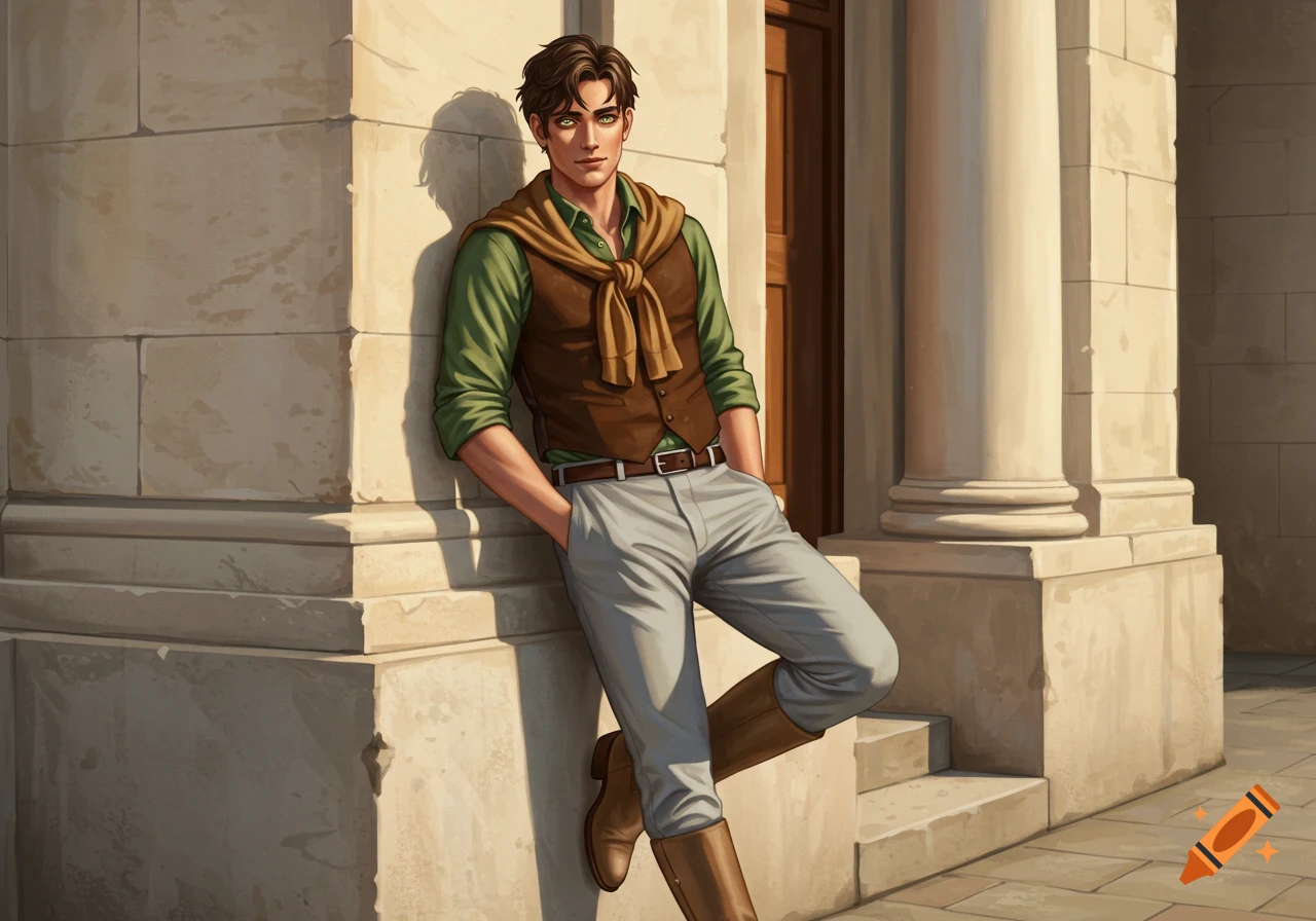 An illustrated man with brown hair and green eyes, wearing a green shirt, brown vest, gray pants, and brown boots, leans against a stone building.