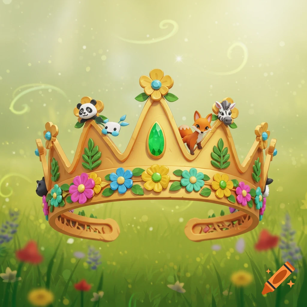 A golden crown adorned with colorful flowers and small, stylized animals like a panda, fox, and zebra, set against a blurry green field.