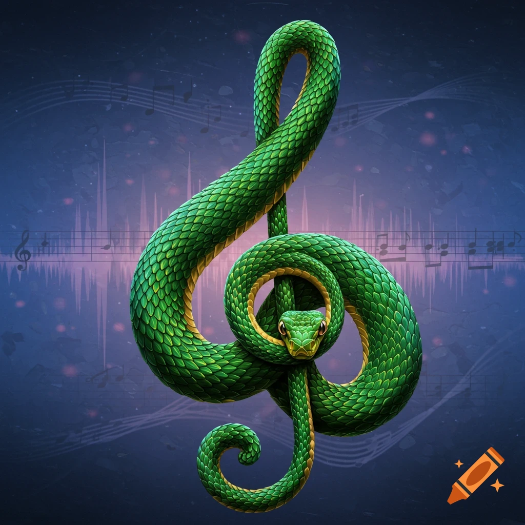 A vibrant green snake coiled into the shape of a treble clef, set against a dark blue background with musical notes and sound waves.