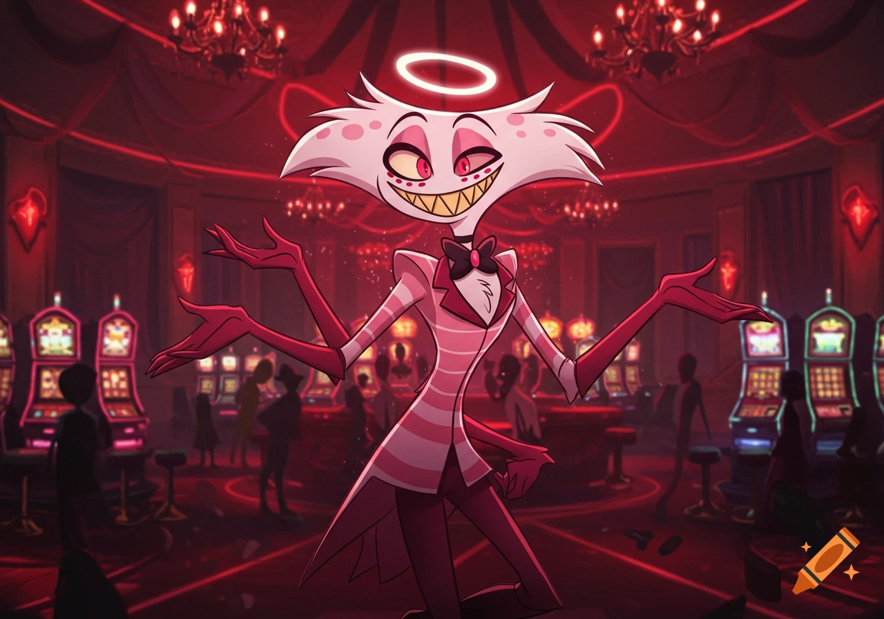 Angel Dust from Hazbin Hotel poses in a red-lit casino with slot machines, in a cartoon style.