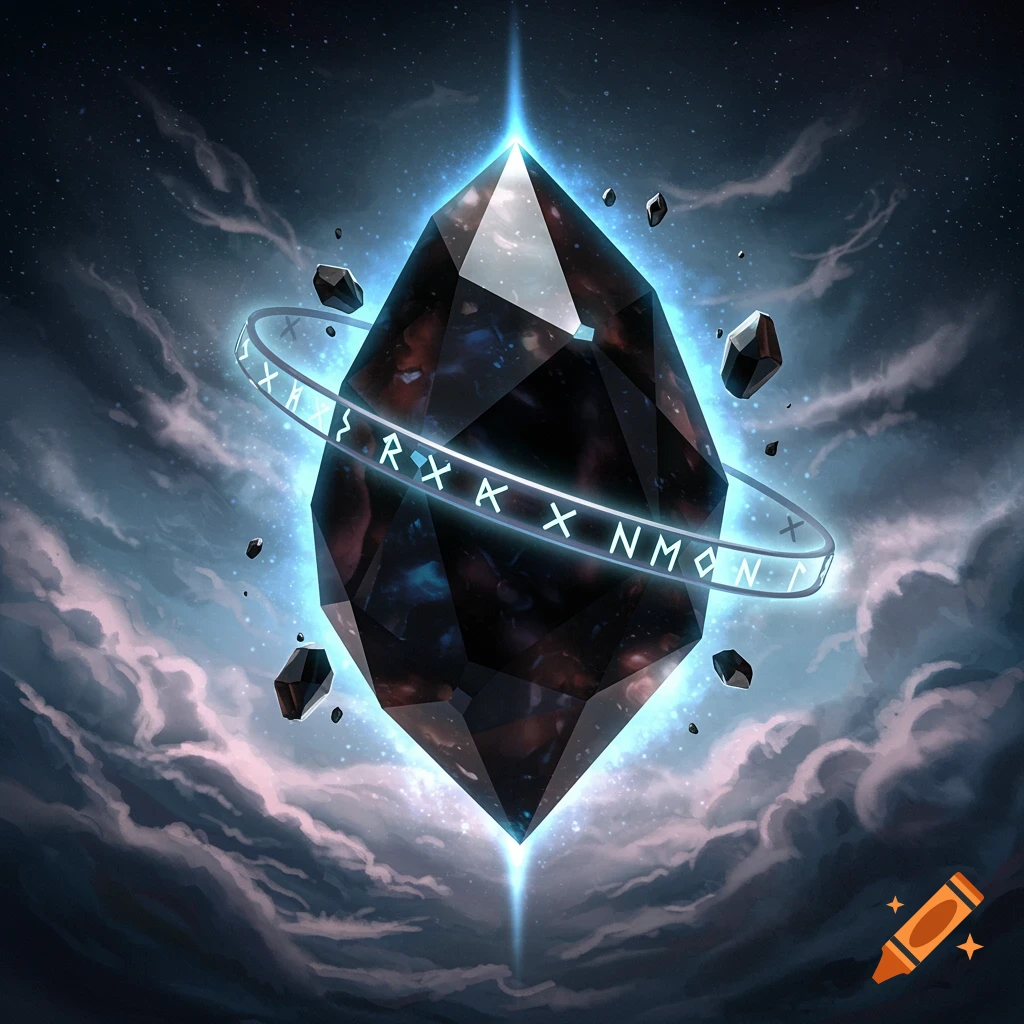 A large, faceted dark crystal, like an onyx, glows with blue light and floats in a cloudy, starry cosmic void, surrounded by a ring of glowing runes and smaller floating rock fragments.