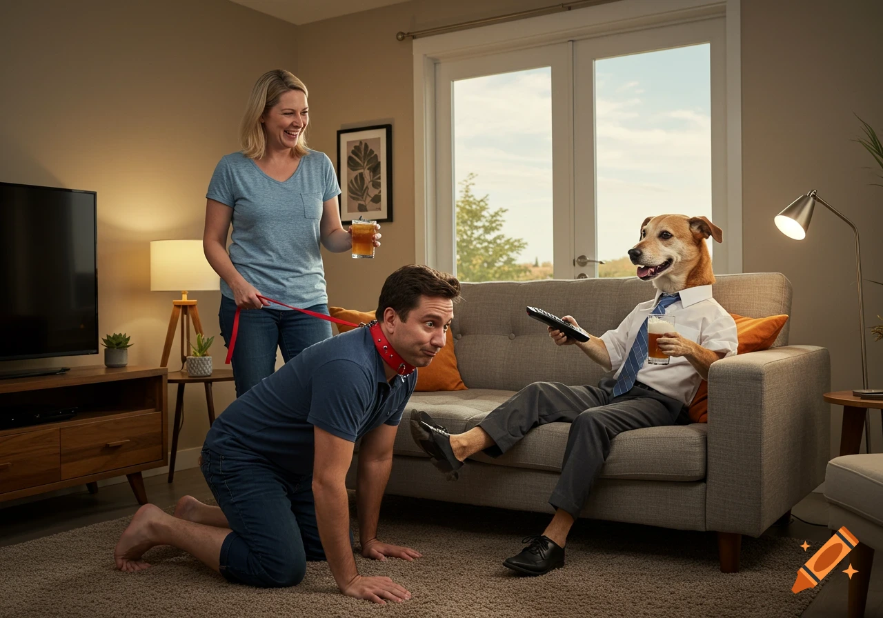 A woman holds a leash on her husband, who is on all fours, while a dog in human clothes sips a drink on the couch in a living room.